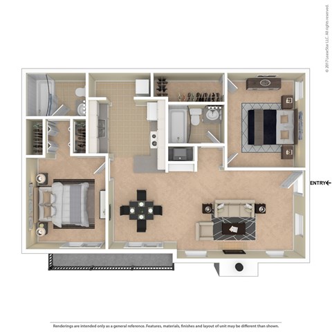 Floor plan for 2 beds, 2 baths, 1050 sqft